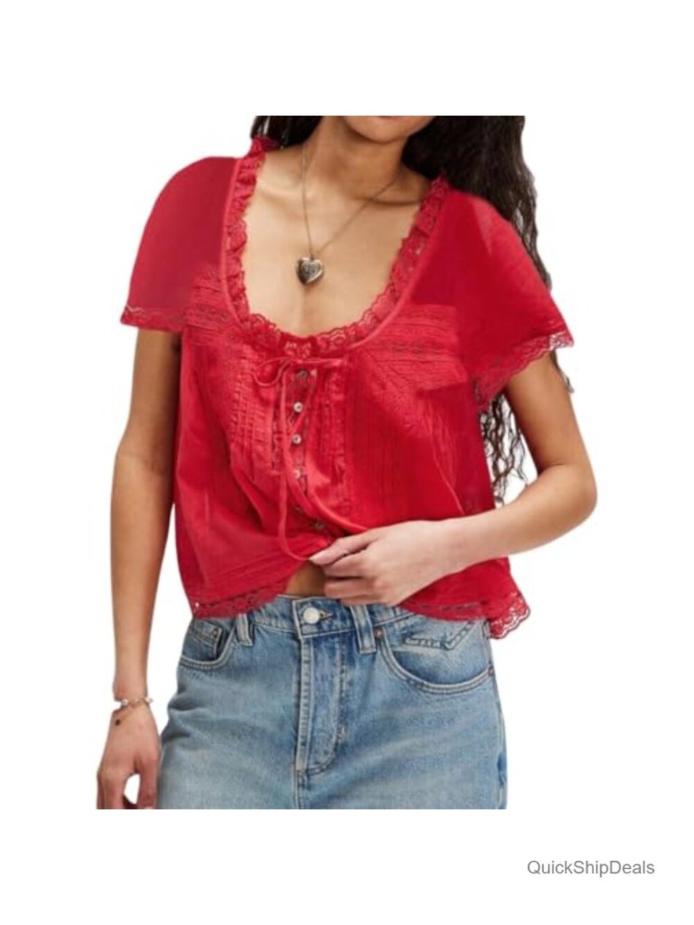 Women Boho Button Down Lace Trim Crop Tee Top Short Sleeve Scoop Neck Ruffle